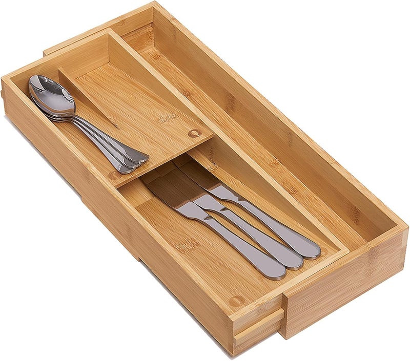 guiogc Bamboo Kitchen Drawer Organizer, Silverware Organizer Expandable Utensil Holder with Removable Knife Block, Cutlery Tray with Drawer Dividers for Kitchen Utensils and Flatware - Image 4